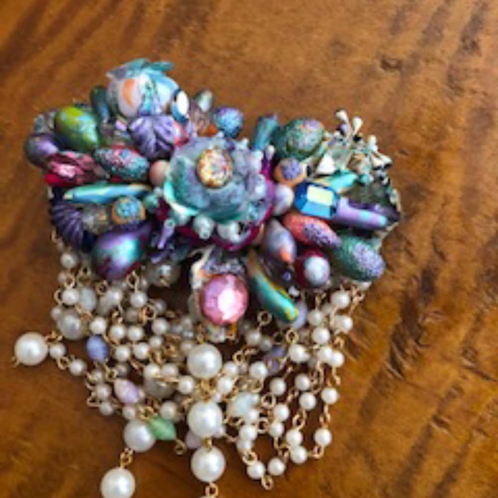 Colorful floral and pearl brooch